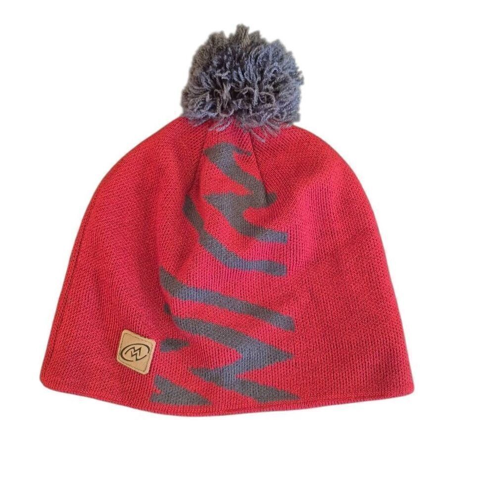 Cloudveil Unisex Adult Red & Grey Acrylic Knit Beanie w Logo Tag & Pom-Pom